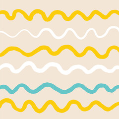 Naive squiggle pattern with bright green, yellow, pink and blue wavy lines on a light background. Creative abstract squiggle style drawing background