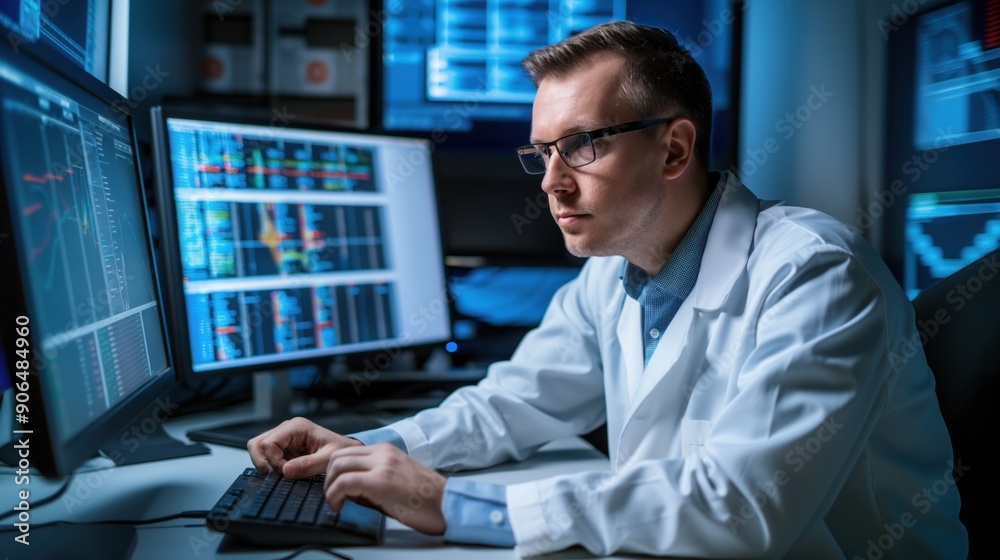 Poster a data analyst focuses intently on multiple screens displaying financial charts and graphs in a high