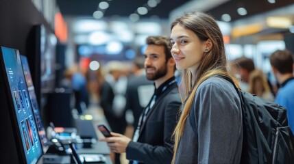 Engaging interaction at a technology exhibition, showcasing innovation and collaboration between professionals in a dynamic environment.