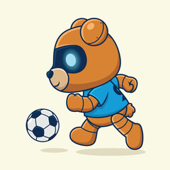Cartoon cute bear robot playing soccer, vector illustration