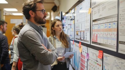 business professionals collaborating on a growth plan, large whiteboard with graphs and postit notes, creative workspace
