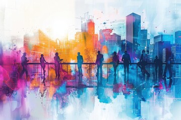 Innovative business hub, watercolor style, diverse team brainstorming with digital tablets and holographic displays, futuristic and collaborative workspace