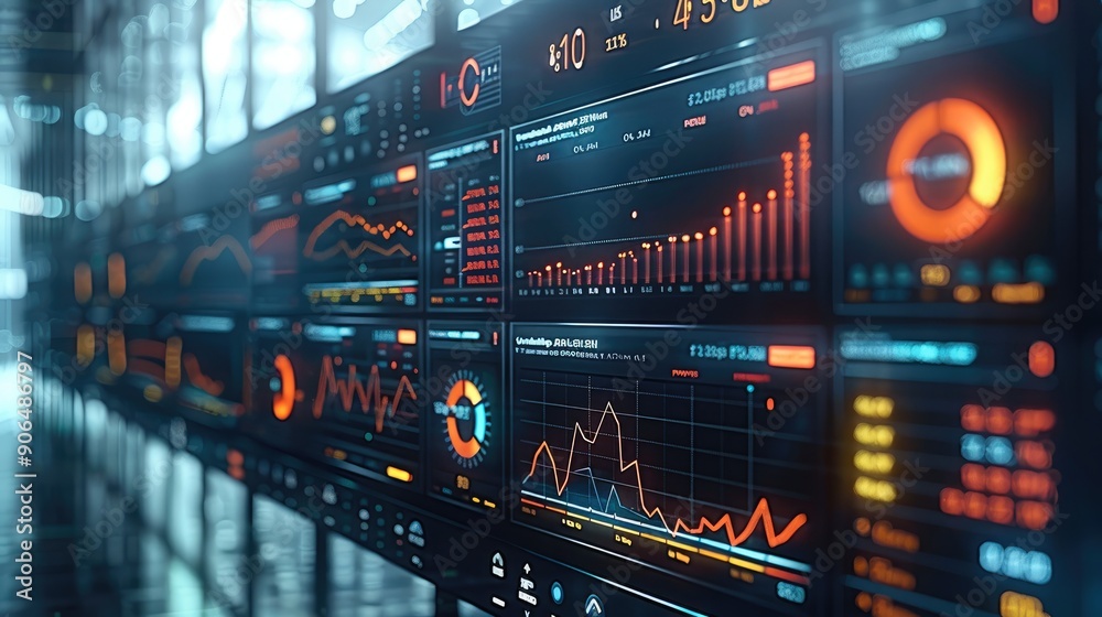 Poster financial analytics dashboard, data visualization charts, flat design illustration. generative ai.
