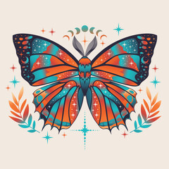 Colorful mystic butterfly vector illustration. Magic moon, occult, print, poster.