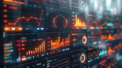 Financial analytics dashboard, data visualization charts, flat design illustration. Generative AI.