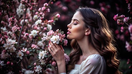 Fototapeta premium Beautiful woman smelling flowers in a garden. The woman is wearing a white dress and has long brown hair. The flowers are pink and white.