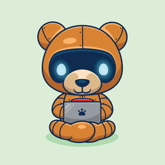 Cartoon cute bear robot with laptop, vector icon illustration