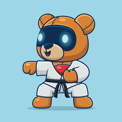 Cartoon cute bear robot in martial arts costume punching