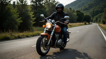 Naklejka premium motorbike on the road riding. having fun riding the empty road on a motorcycle tour / journey, generative.ai 