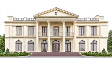Obraz premium A luxurious mansion with classical architecture, featuring columns, large windows, and a grand entrance, surrounded by a landscaped garden.