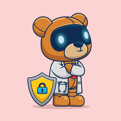 Obraz premium Cartoon cute bear robot in doctor costume with shield