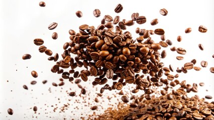 Naklejka premium Coffee Beans in Mid-Air with Ground Coffee Below