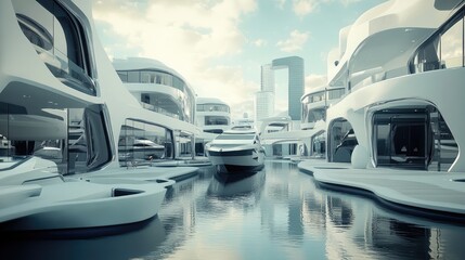 Futuristic marina featuring sleek yachts and modern architecture, creating a serene waterscape with innovative design aesthetics.