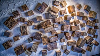 Fototapeta premium Wooden Blocks Arranged in a Random Pattern on a White Wall