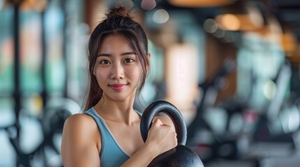 Fototapeta premium Woman in a Gym Holding a Kettlebell