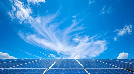 solar panels under a blue sky with clouds, symbolizing clean energy and environmentally friendly technology