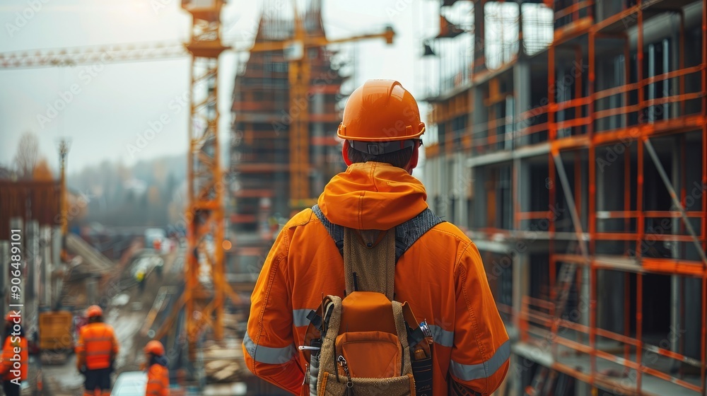 Aufkleber construction workers on-site, working diligently, the construction site in the background features a