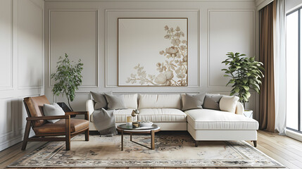 A modern living room with a white sectional sofa, a brown leather armchair, a floral painting, and green plants, creating a cozy and stylish atmosphere.