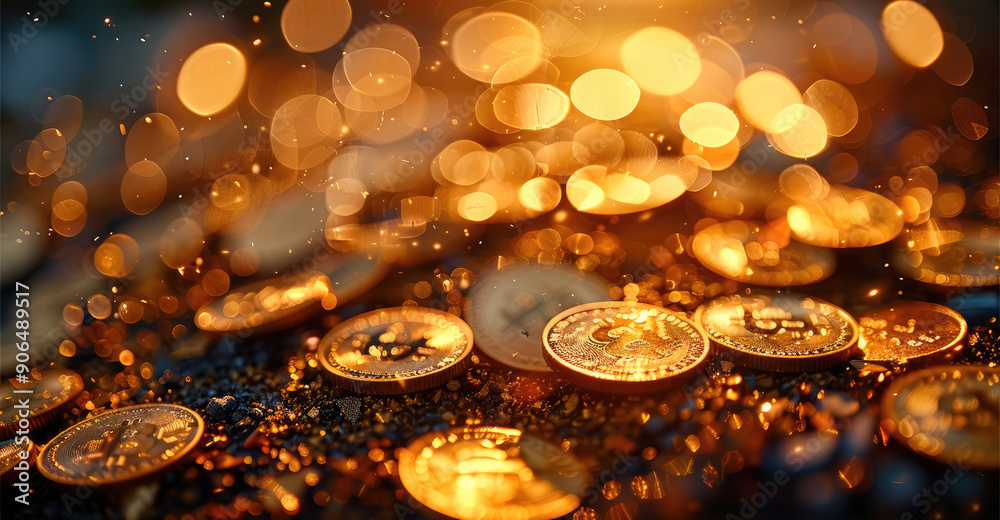 Poster A heap of shimmering gold coins at the bottom. Generative AI.