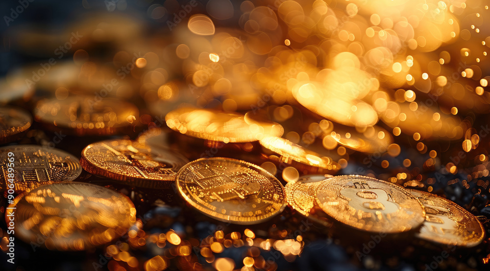 Poster A heap of shimmering gold coins at the bottom. Generative AI.