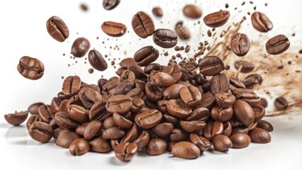 Coffee Beans Splashing and Falling on a White Background