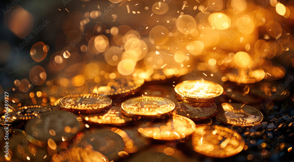 Poster A heap of shimmering gold coins at the bottom. Generative AI.