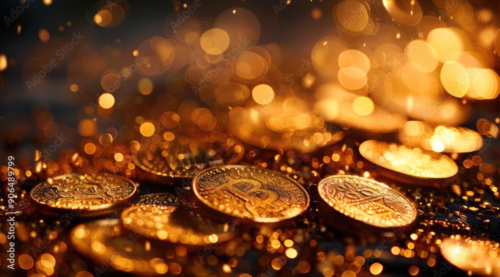 Poster a heap of shimmering gold coins at the bottom. generative ai.