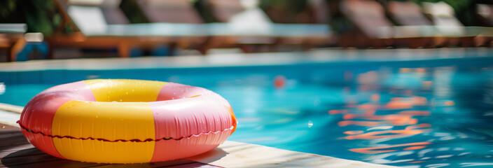 Beach accessories on sun lounger, inflatable ring and float near outdoor swimming pool at luxury resort, space for text