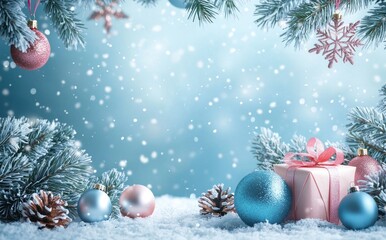 Christmas background with blue and pink decorations, snowy pine branches, and wrapped gifts. Generative ai