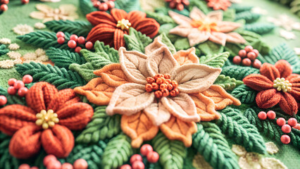 Fototapeta premium A vibrant crocheted picture featuring a lush 3D composition of poinsettias, holly and mistletoe in rich reds, greens and golds. Each flower and leaf is meticulously detailed.