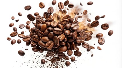 Obraz premium Coffee Beans Exploding Against a White Background
