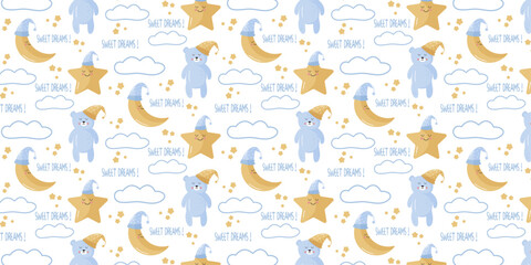 Charming seamless pattern featuring sleepy stars, moons, and teddy bears with nightcaps, accompanied by fluffy clouds and the phrase "Sweet Dreams!". This adorable design is perfect for babi and kids'