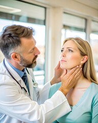 Fototapeta premium Female checking thyroid gland by herself, Concept of sore throat, Thyroid,pharyngitis, laryngitis, hypothyroidism, choking