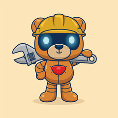 Cartoon cute bear robot with worker helmet bearing big wrench, vector icon illustration