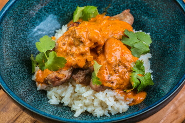 Chiken tikka masala. Chiken curry with rise