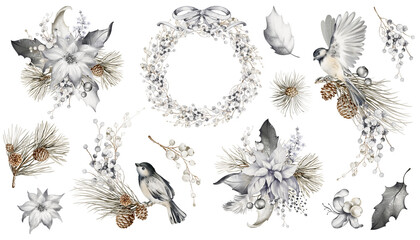 White Christmas flowers Watercolor clip-art. Hand drawn Xmas set. Pine fir branches, Holly berry, bird, Berry Wreath, Floral bouquet on an isolated background. Holiday decor for print, card.