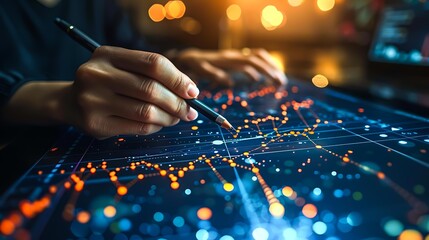 A hand uses a stylus to interact with a digital tablet displaying bright data visualizations, useful for themes like technology, data analysis, finance, and innovation,