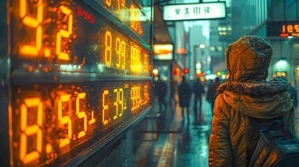 Obraz premium A person in a hooded coat looks at illuminated electronic numbers on a digital board in a bustling city street ideal for finance, urban living, and weather-related themes,