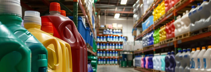 Fototapeta premium Industrial cleaning supplies in a warehouse showcasing various colorful detergent bottles