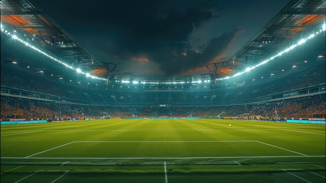 A football stadium at night, the stands have a lot of fans, the view is from the pitch. Generative AI.