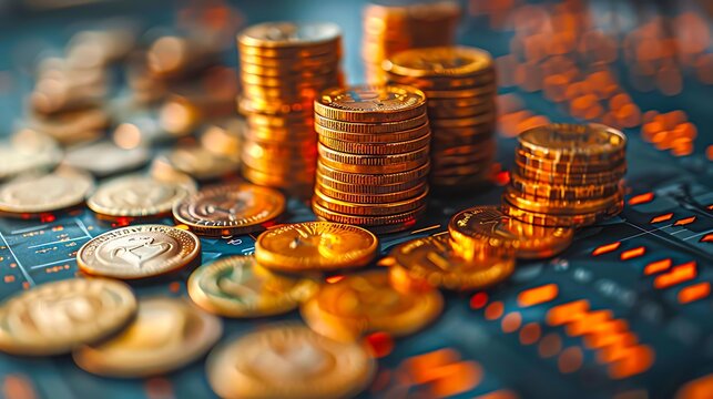 Stacks of gold coins on a lit stock market graph, perfect for financial, investment, and economic growth themes in presentations or articles,