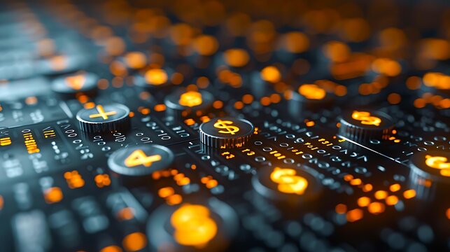 Illuminated circuit board with digital financial symbols glowing in orange ideal for financial technology, cryptocurrency, and digital economy visuals,