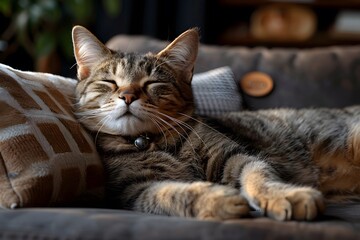 Obraz premium Cozy Cat Relaxing on Couch Perfect for Animal Lifestyle and Comfort Themes