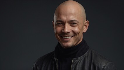 Fototapeta premium Bald smiling man in black turtleneck and leather jacket
