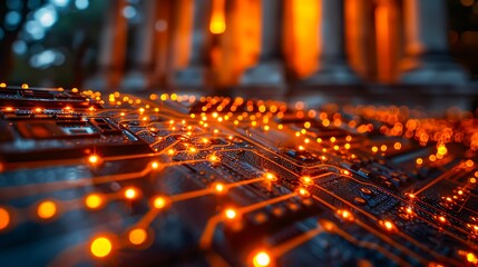 Close-up of a circuit board with glowing orange lights, giving a futuristic and technological ambiance, Ideal for themes related to technology, innovation, and data processing,