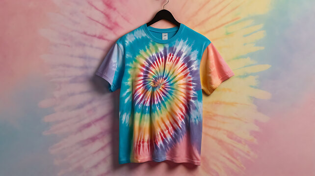 A T-shirt mockup featuring a tie-dye pattern in pastel shades, reflecting the ongoing tie-dye fashion trend.