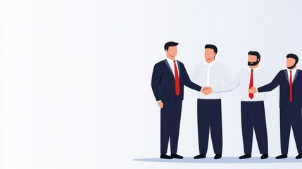 Obraz premium Contemporary leader shaking hands with team, flat design illustration, copy space for text, ultra HD