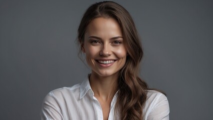 Obraz premium Cheerful woman in white shirt smiling at the camera