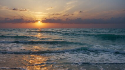 Obraz premium Serene ocean sunset with reflective waves and warm hues.