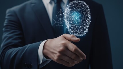 Leader in futuristic attire, shaking hands with hologram, modern tech environment, copy space for text, ultra HD